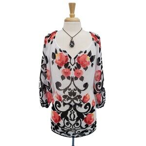 Womens L Sheer Boho Floral Blouse Red Black Scroll Rhinestone Artsy Festival Top